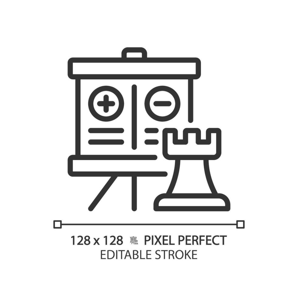 2D pixel perfect customizable with positive and negative points on flipchart icon, isolated vector, thin line illustration representing comparisons. vector