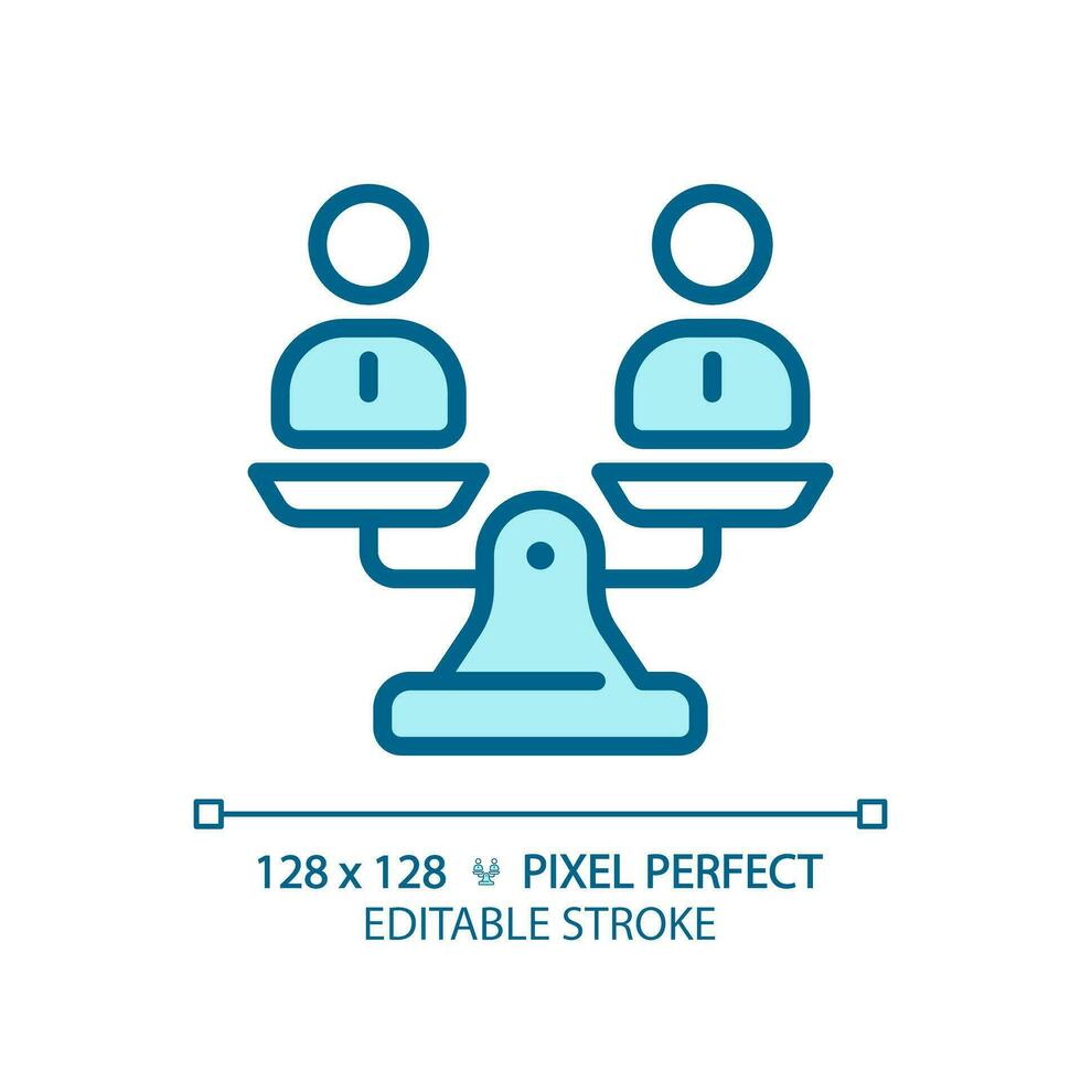 2D pixel perfect editable blue people on weight scale icon, isolated vector, thin line illustration representing comparisons. vector