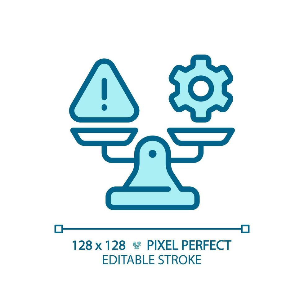 2D pixel perfect editable blue warning and gear on weight scale icon, isolated vector, thin line illustration representing comparisons. vector