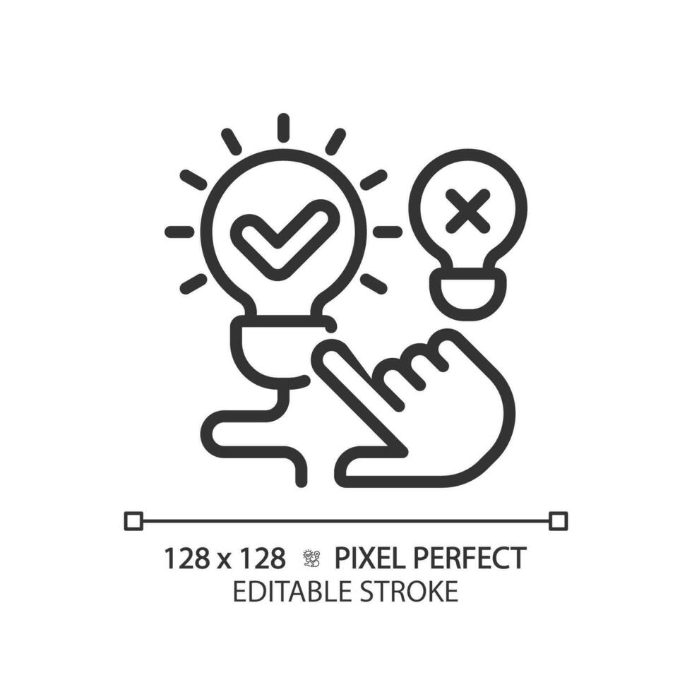 2D pixel perfect customizable black hand pointing at illuminated light bulb icon, isolated vector, thin line illustration representing comparisons. vector