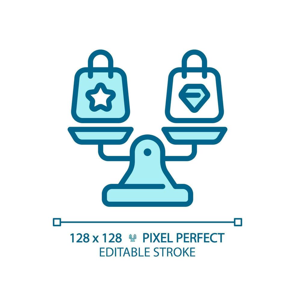 2D pixel perfect editable blue shopping bags on weight scale icon, isolated vector, thin line illustration representing comparisons. vector