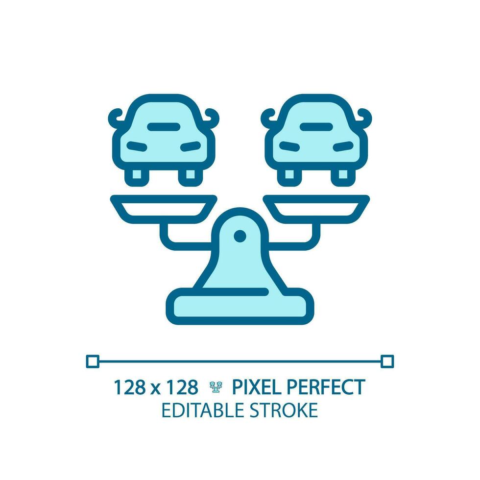 2D pixel perfect editable blue cars on weight scale icon, isolated vector, thin line illustration representing comparisons. vector