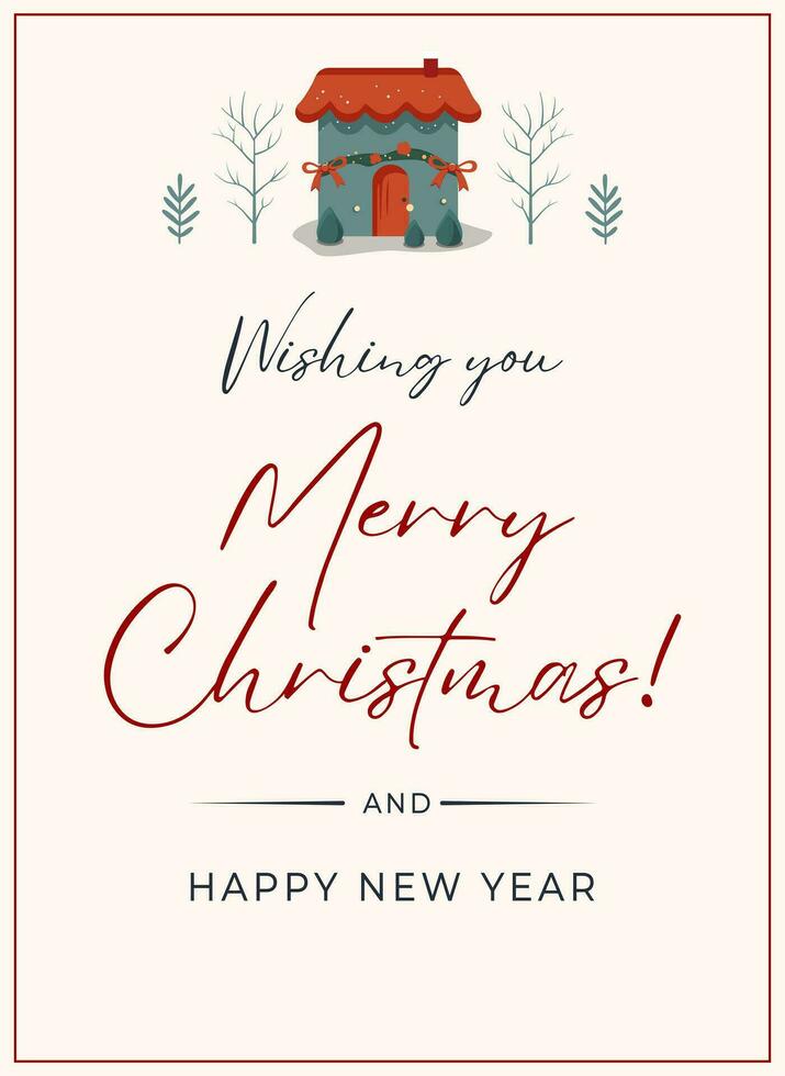 Christmas frame, poster minimalist style with cute house. New year Merry Christmas design. Simple winter card with house. vector