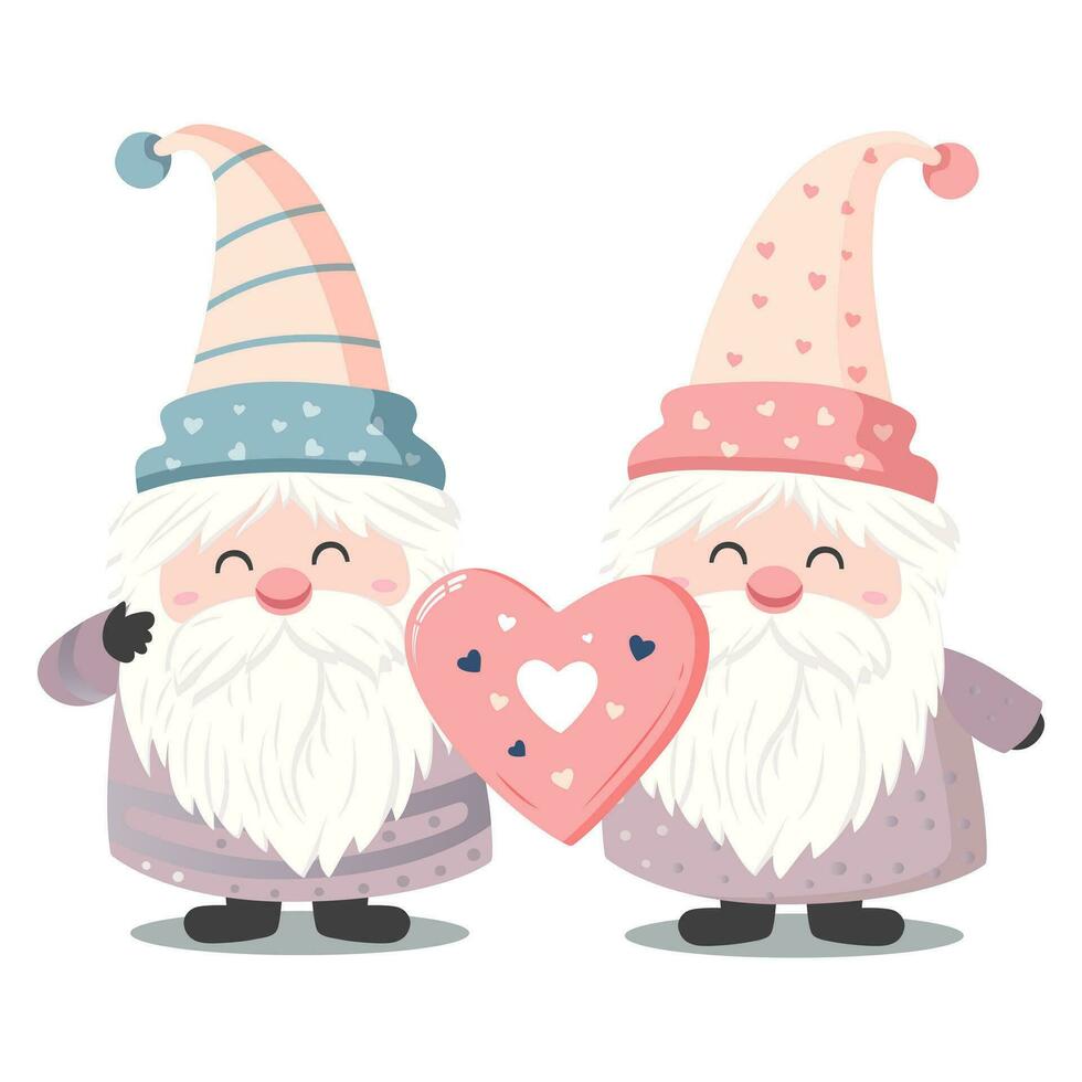 Cute vector gnomes with heart. Valentines day gnomes. Romantic vector icon in pastel colors
