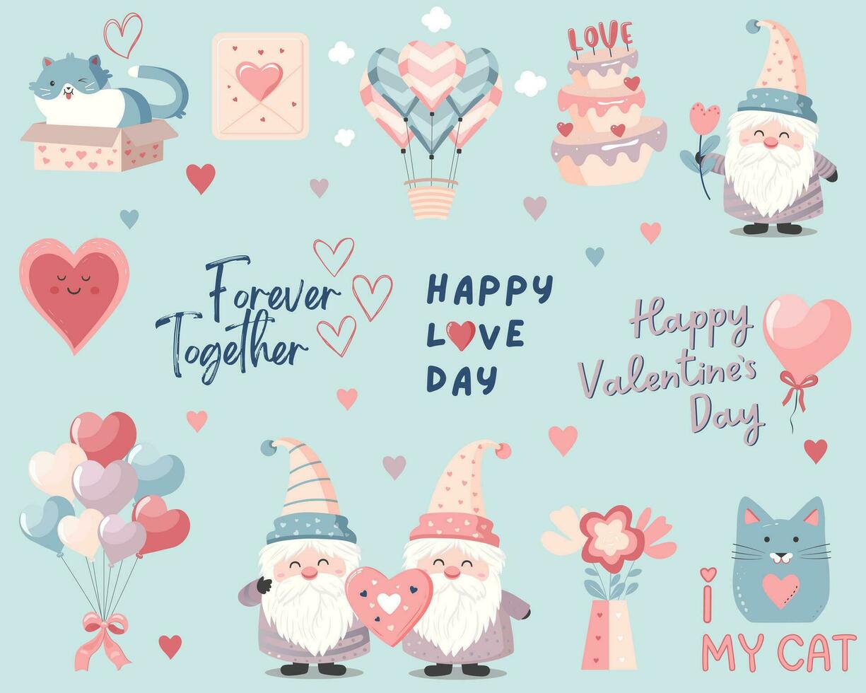 conjunto de linda vector amor pegatinas san valentin día elementos gnomo, corazón, gato, globos romántico vector paquete pastel colores