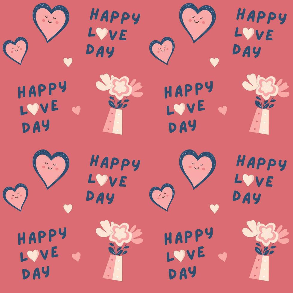 Cute hearts love quote and flowers vector pattern. Valentine's Day background.