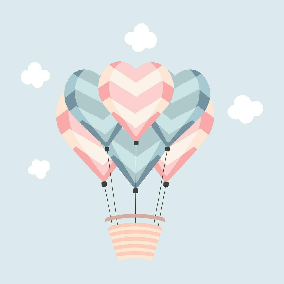 Cute vector love sticker. Valentines day balloons with basket. Romantic vector icon in pastel colors