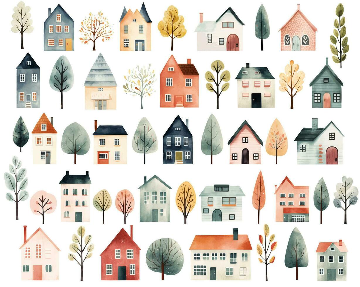 Big set of watercolor scandinavian trees and houses. Cute childish buildings isolated. Trendy scandi vector background
