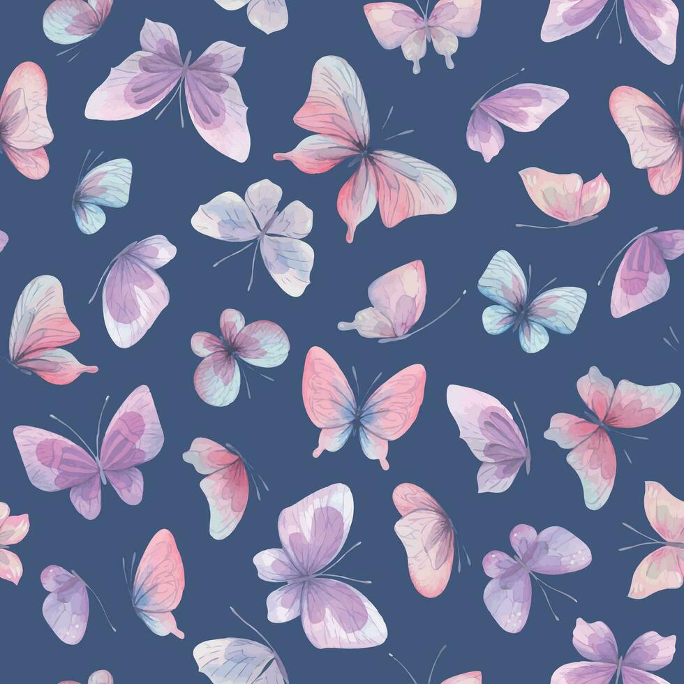 Butterflies are pink, blue, lilac, flying, delicate with wings and splashes of paint. Hand drawn watercolor illustration. Seamless pattern on a blue background, for design. vector