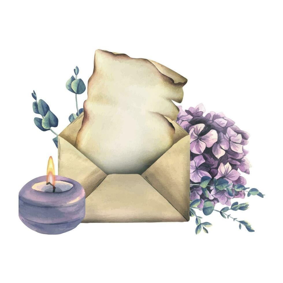 Writing supplies papyrus paper in craft envelope, candle, hydrangea and eucalyptus flowers. Hand drawn watercolor illustration. Isolated composition on a white background. vector