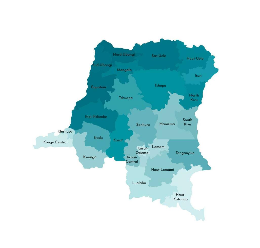 Vector isolated illustration of simplified administrative map of Democratic Republic of the Congo. Borders of the provinces, regions. Colorful blue khaki silhouettes