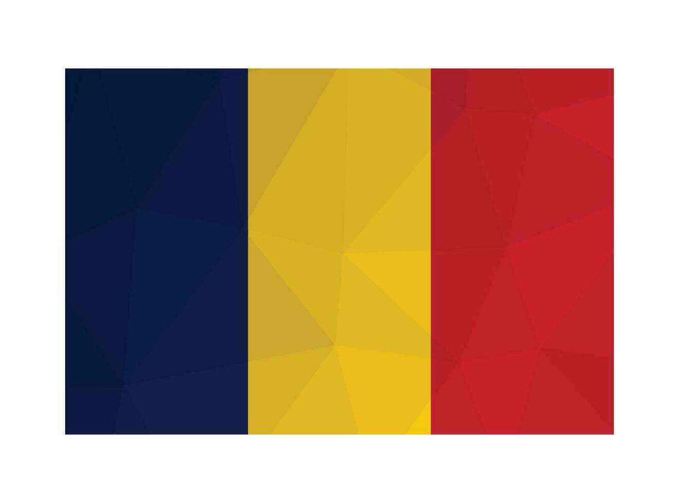 Vector isolated illustration. National tricolor flag with blue, yellow, red, stripes. Official symbol of Chad. Creative design in low poly style with triangular shapes. Gradient effect.