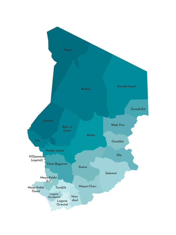 Vector isolated illustration of simplified administrative map of Chad. Borders and names of the regions. Colorful blue khaki silhouettes