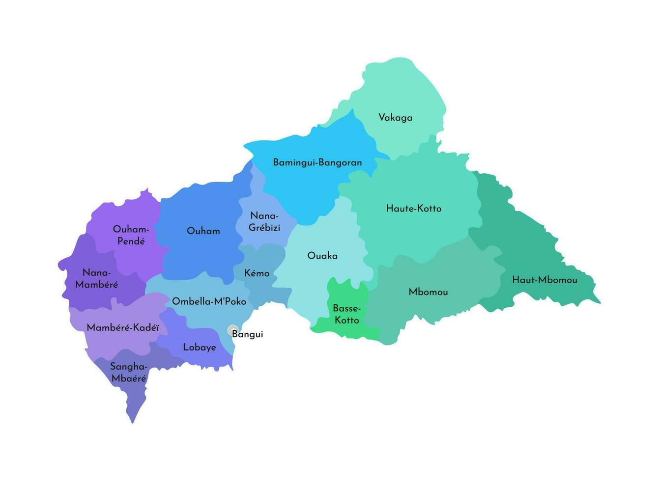 Vector isolated illustration of simplified administrative map of Central African Republic, CAR. Borders and names of the regions. Multi colored silhouettes.