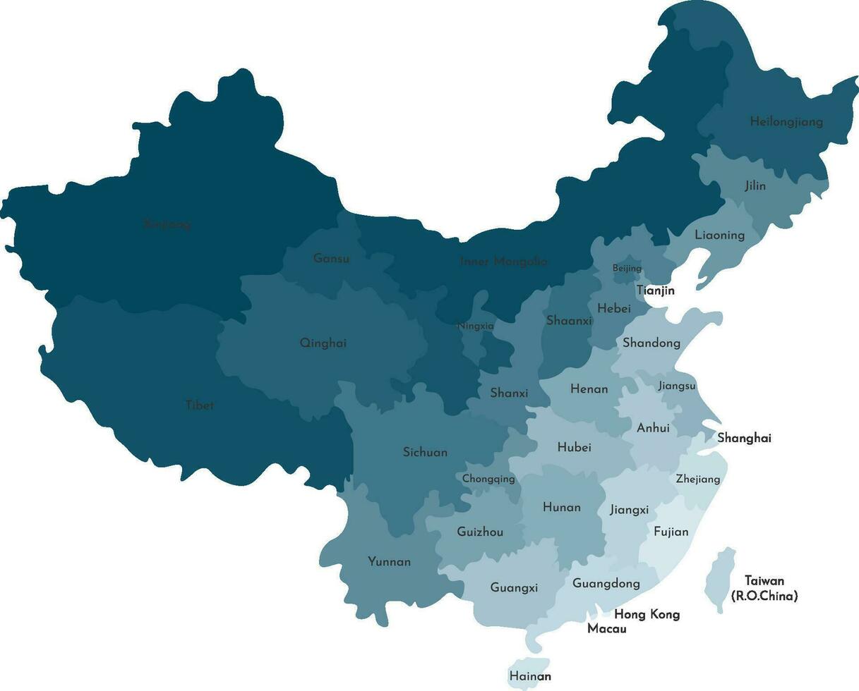 Vector isolated illustration of simplified administrative map of China. Borders and names of the provinces, regions. Blue silhouettes.