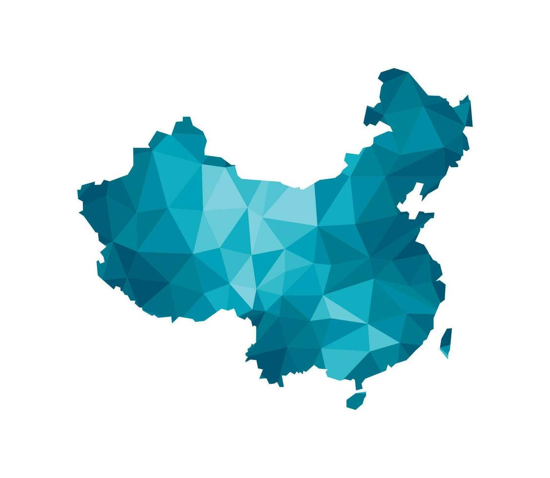 Vector isolated illustration icon with simplified blue silhouette of China map. Polygonal geometric style, triangular shapes. White background.