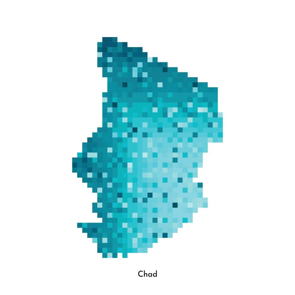 Vector isolated geometric illustration with simplified icy blue silhouette of Chad map. Pixel art style for NFT template. Dotted logo with gradient texture for design on white background