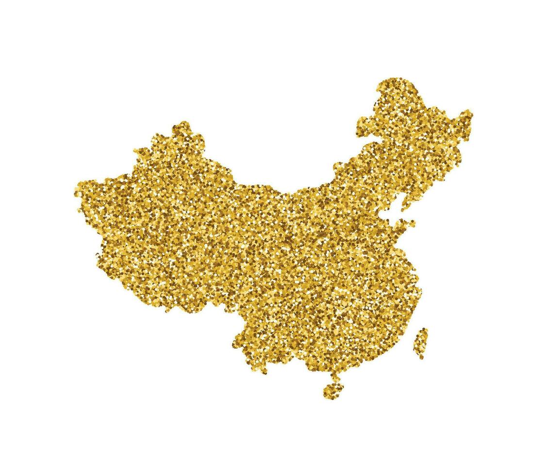 Vector isolated illustration with simplified China map. Decorated by shiny gold glitter texture. New Year and Christmas holidays decoration for greeting card.