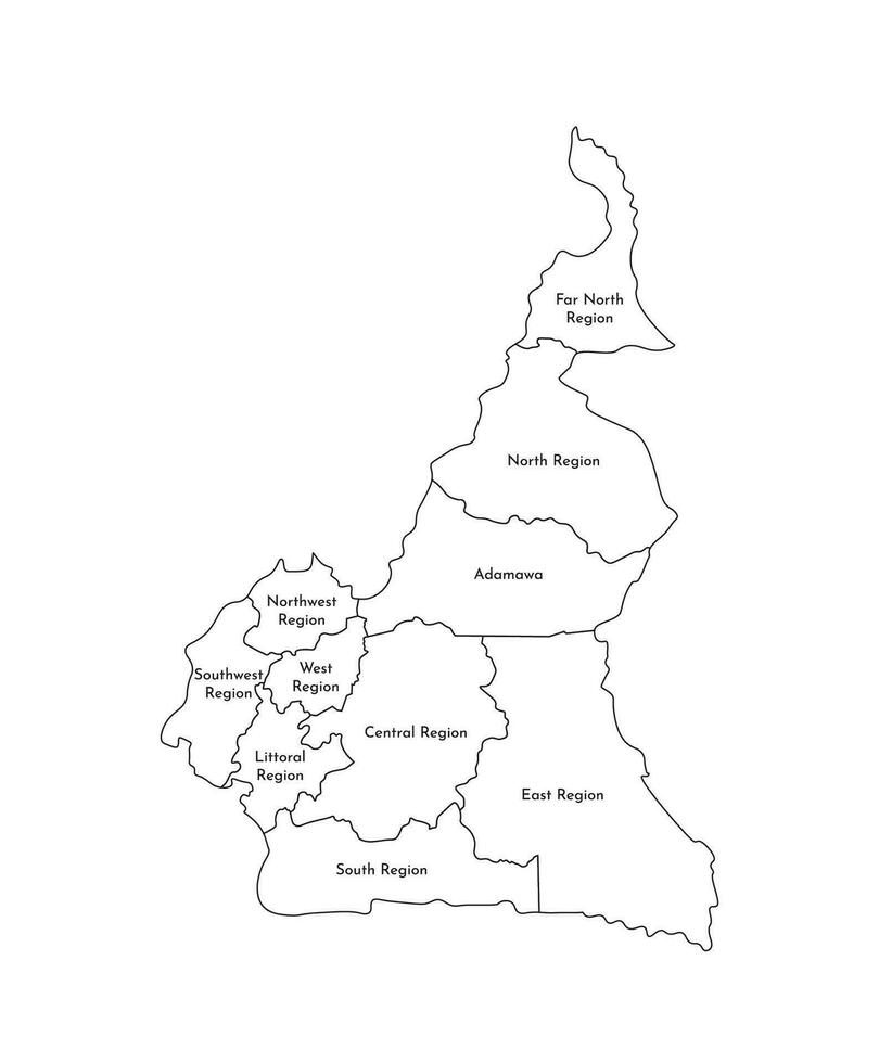 Vector isolated illustration of simplified administrative map of Cameroon. Borders and names of the regions. Black line silhouettes.