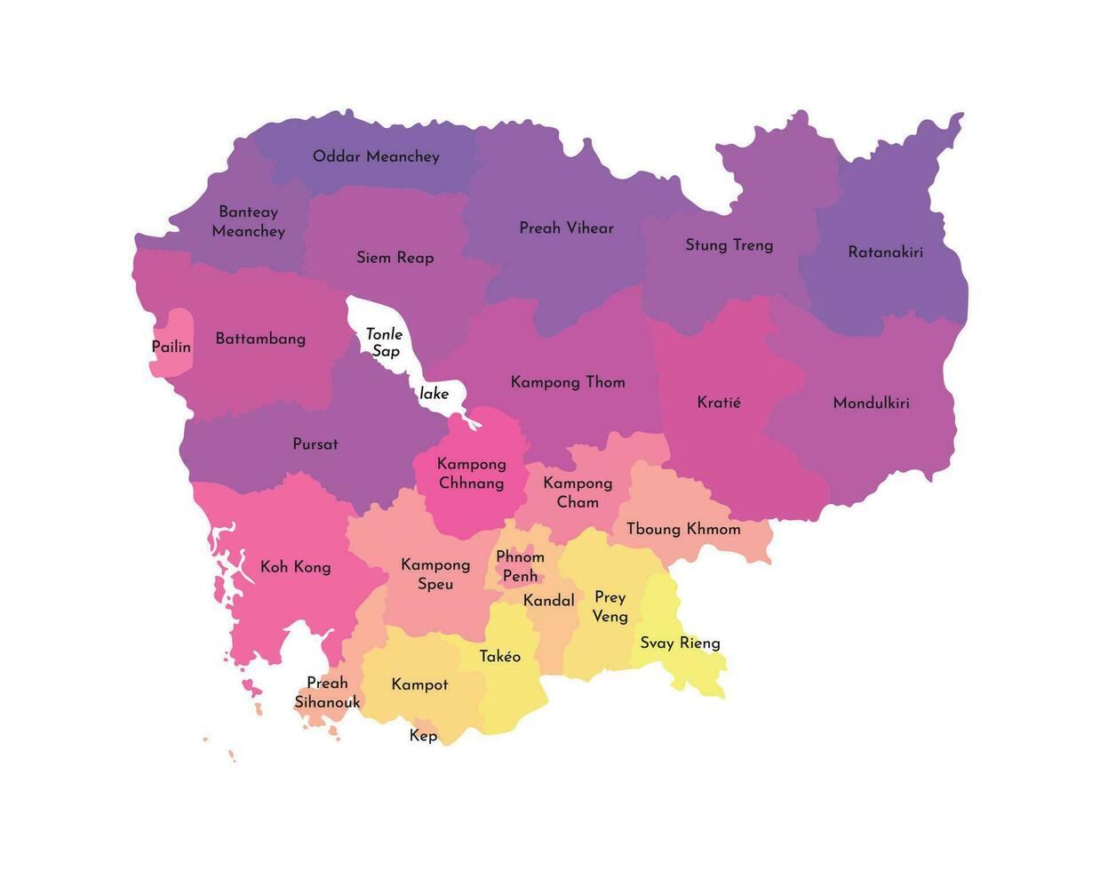 vector aislado ilustración de simplificado administrativo mapa de Camboya. fronteras y nombres de el regiones. multi de colores siluetas