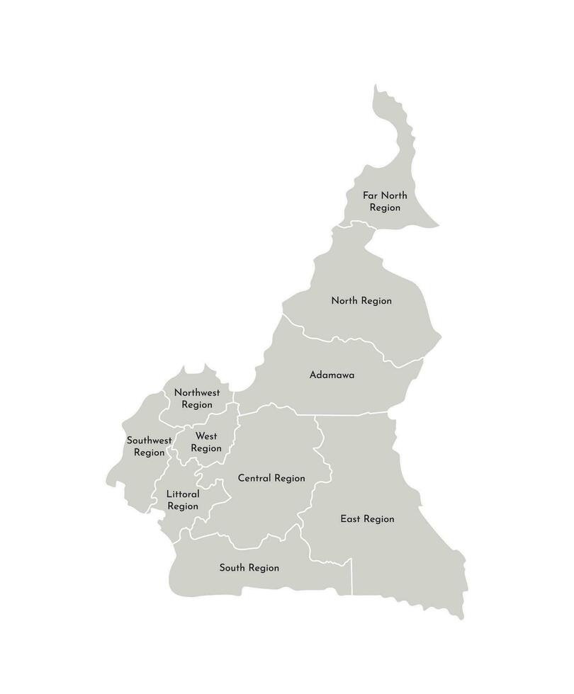 Vector isolated illustration of simplified administrative map of Cameroon. Borders and names of the regions. Grey silhouettes. White outline