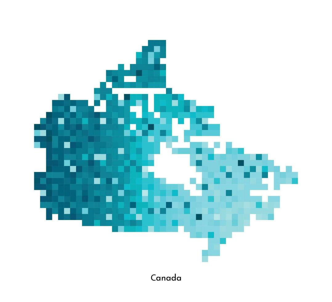Vector isolated geometric illustration with simplified icy blue silhouette of Canada map. Pixel art style for NFT template. Dotted logo with gradient texture for design on white background