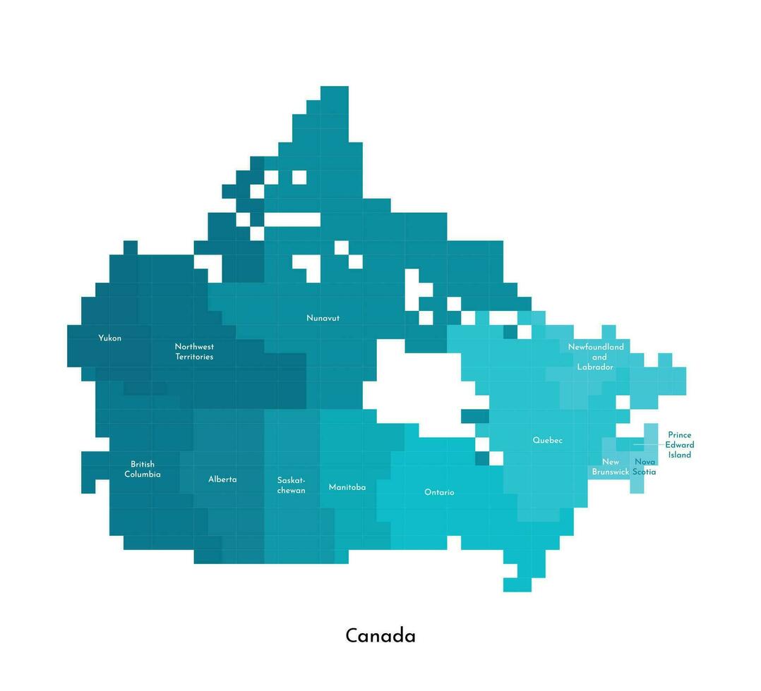 Vector isolated geometric illustration with simplified icy blue silhouette of Canada map. Pixel art style for NFT template. Dotted logo with gradient texture for design on white background