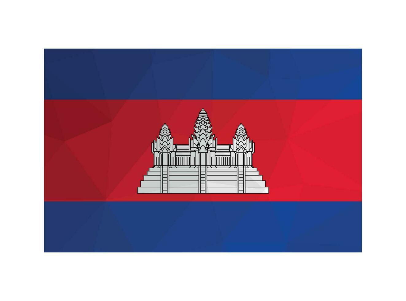 Vector illustration. Official ensign of Cambodia. National flag in red, blue colors with white temple complex Angkor Wat. Creative design in polygonal style