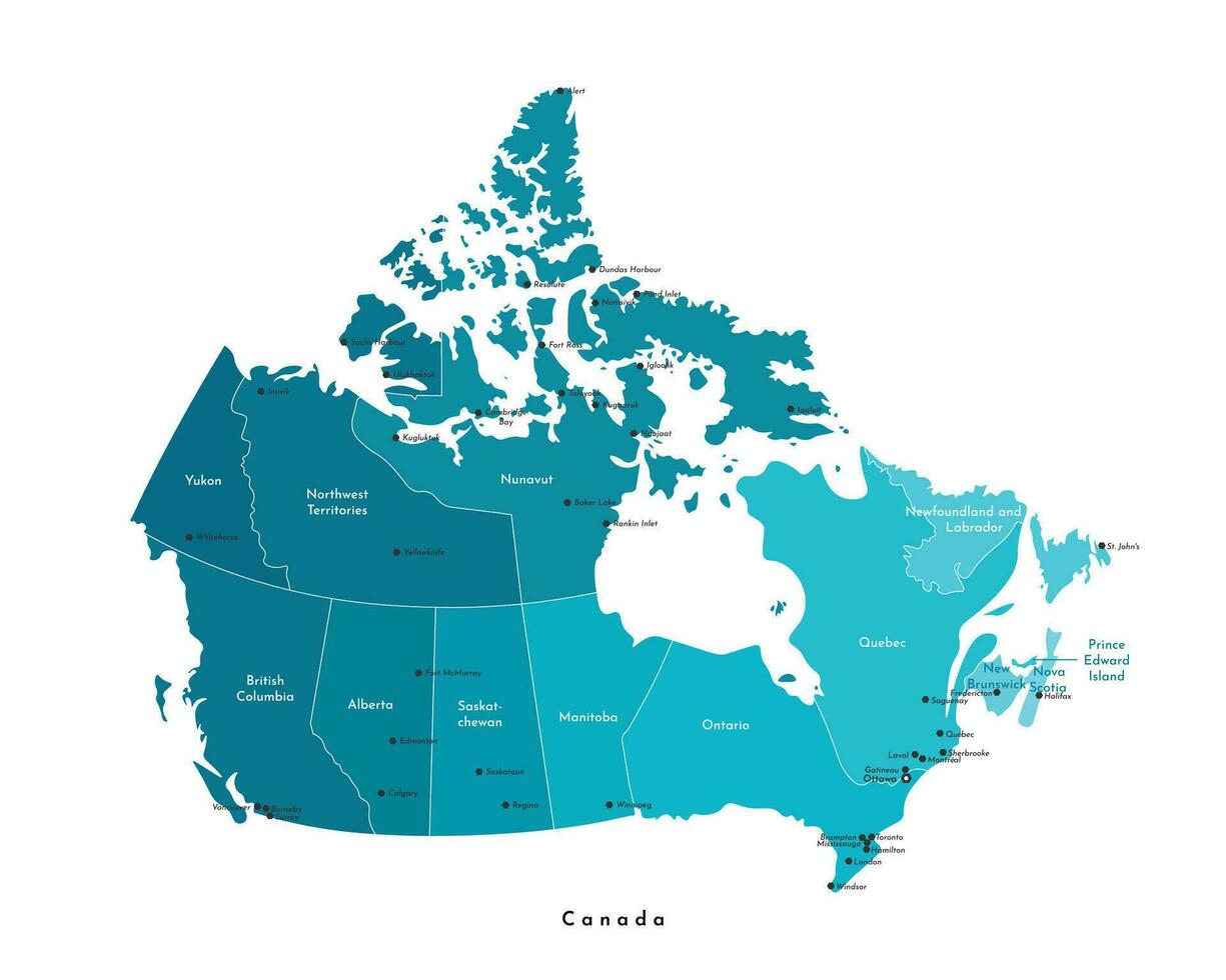 Vector modern illustration. Simplified isolated administrative map of Canada in blue colors. White background and outline. Names of the cities, Ottawa, Toronto and provinces.