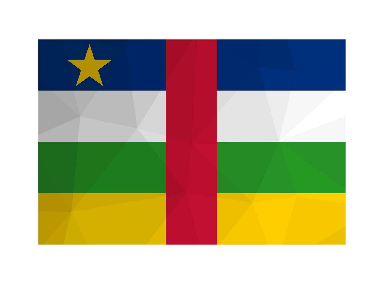Vector isolated illustration. Official symbol of Central African Republic. National flag with blue, white, green, red, yellow stripes and star. Design in low poly style with triangular shapes.