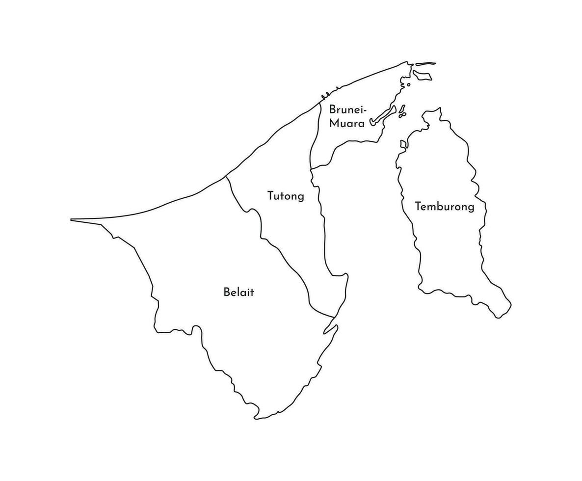 Vector isolated illustration of simplified administrative map of Brunei. Borders and names of the regions. Black line silhouettes.