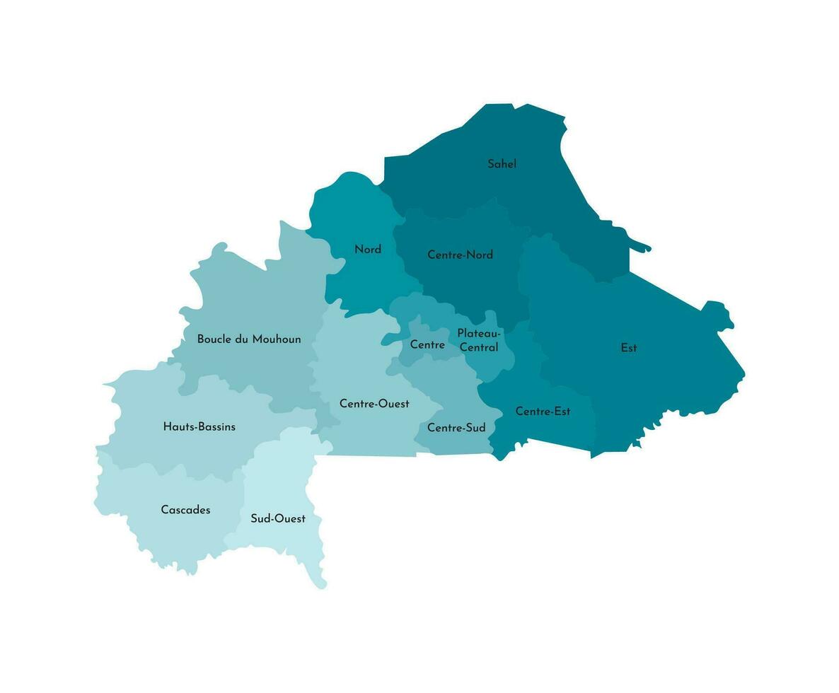 Vector isolated illustration of simplified administrative map of Burkina Faso. Borders and names of the regions. Colorful blue khaki silhouettes