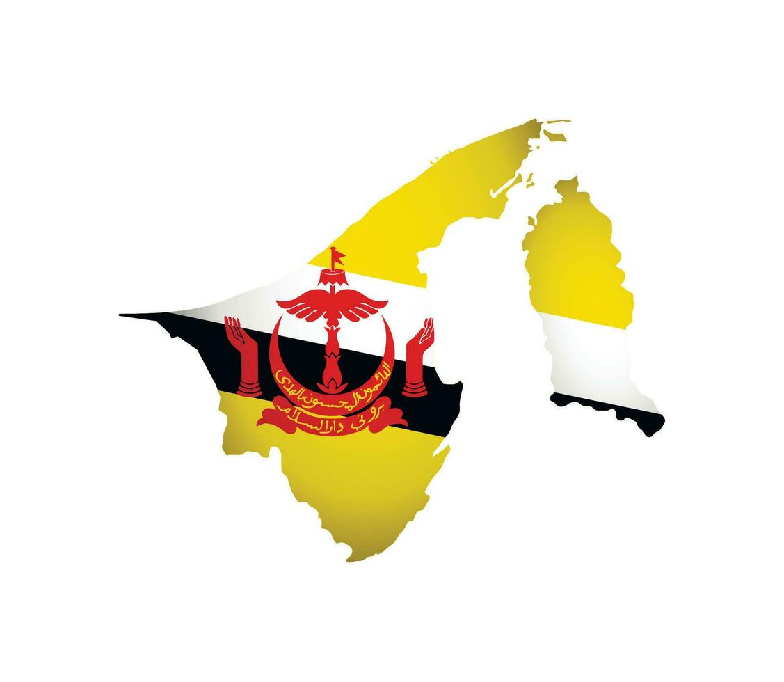 Vector illustration with Brunei national flag with shape of map simplified. Volume shadow on the map