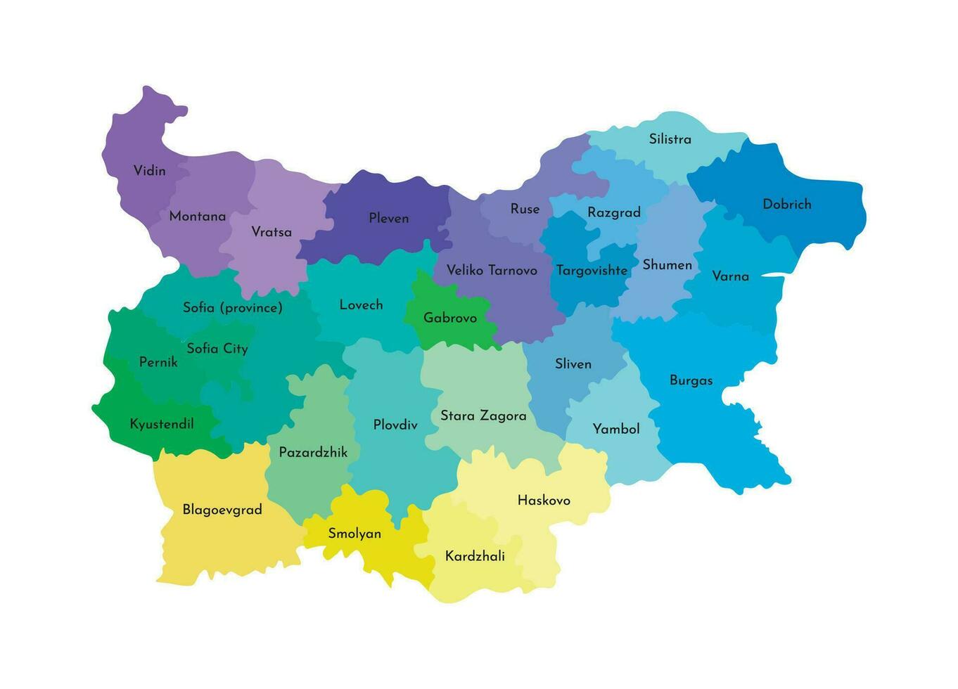 Vector isolated illustration of simplified administrative map of Bulgaria. Borders and names of the provinces. Multi colored silhouettes