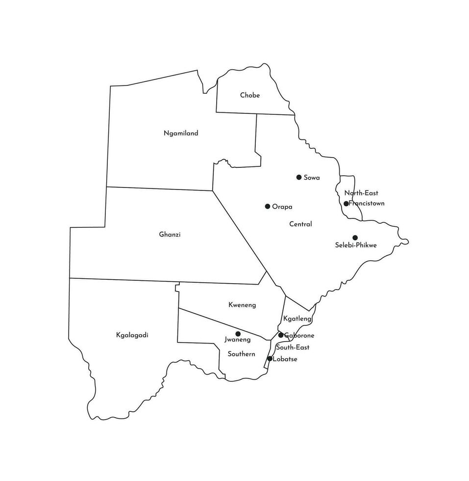 Vector isolated illustration of simplified administrative map of Botswana. Borders and names of the districts, regions. Black line silhouettes.