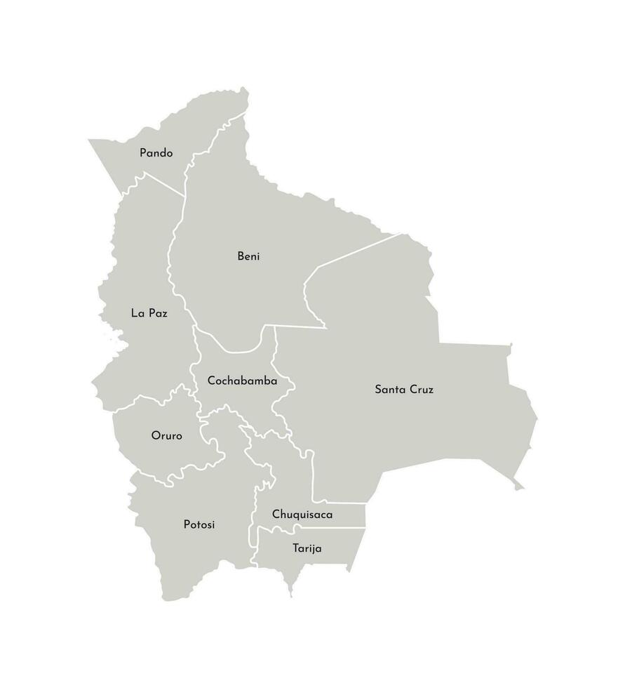 Vector isolated illustration of simplified administrative map of Bolivia. Borders and names of the departments, regions. Grey silhouettes. White outline