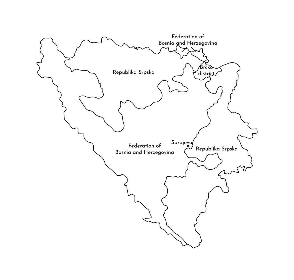 Vector isolated illustration of simplified administrative map of Bosnia and Herzegovina. Borders and names of the regions. Black line silhouettes.