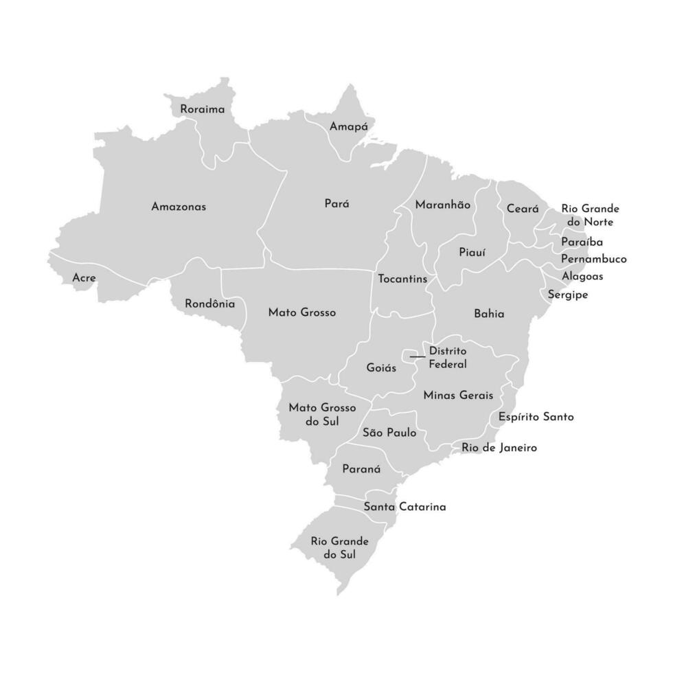 Vector isolated illustration of simplified administrative map of Brazil. Borders and names of the provinces, regions. Grey silhouettes. White outline.