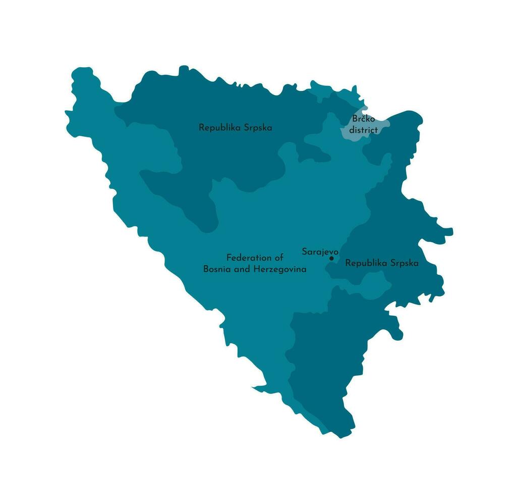 Vector isolated illustration of simplified administrative map of Bosnia and Herzegovina. Borders and names of the regions. Colorful blue khaki silhouettes.