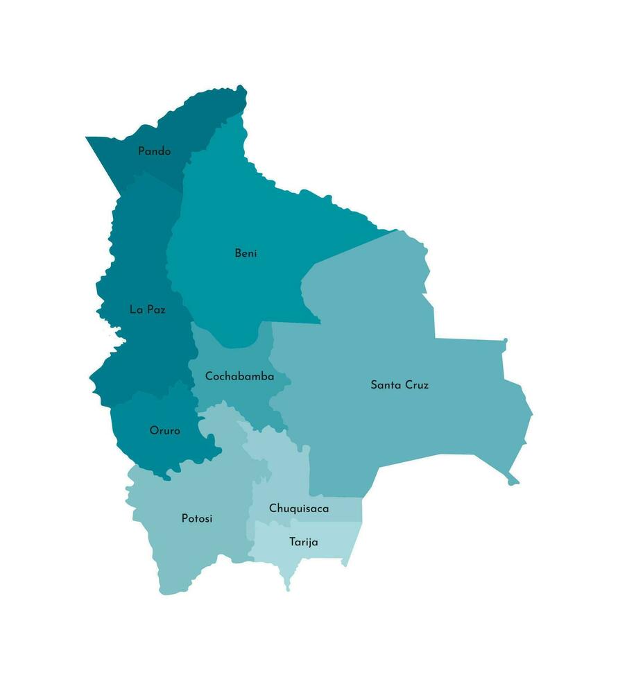 Vector isolated illustration of simplified administrative map of Bolivia. Borders and names of the departments, regions. Colorful blue khaki silhouettes