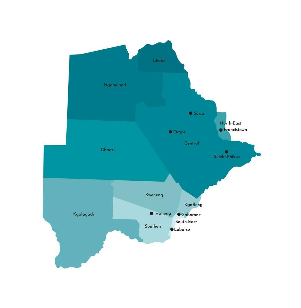 Vector isolated illustration of simplified administrative map of Botswana. Borders and names of the districts, regions. Colorful blue khaki silhouettes