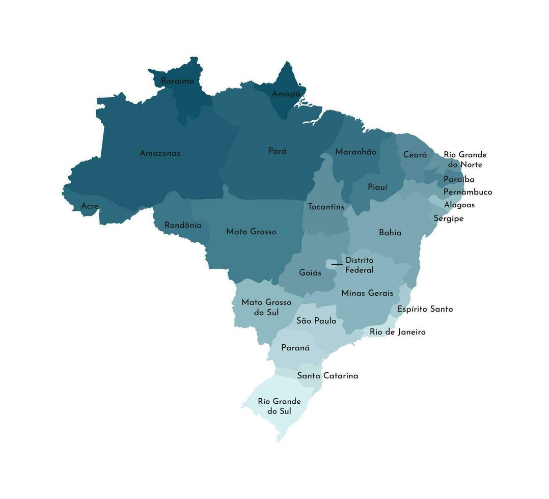 Vector isolated illustration of simplified administrative map of Brazil. Borders and names of the states. Colorful blue khaki silhouettes.