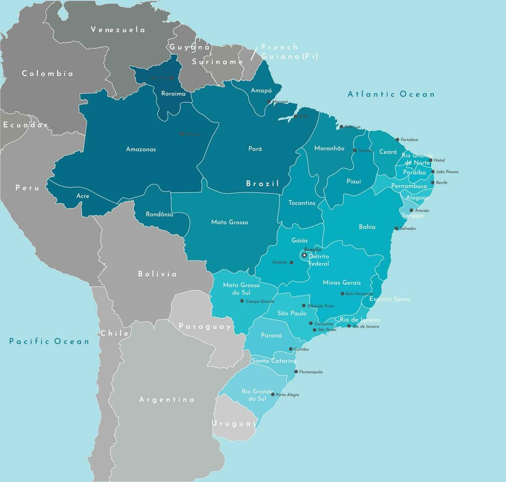 Vector modern illustration. Simplified geographical map of Brazil and nearest states. Blue background of oceans. Names of brazilian cities like Sao Paulo and etc. and provinces