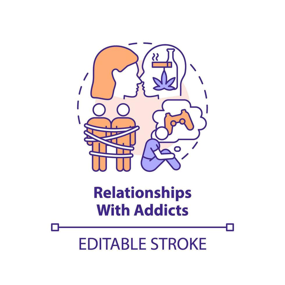 2D editable thin line icon relationships with addicts concept, isolated vector, multicolor illustration representing codependent relationship. vector