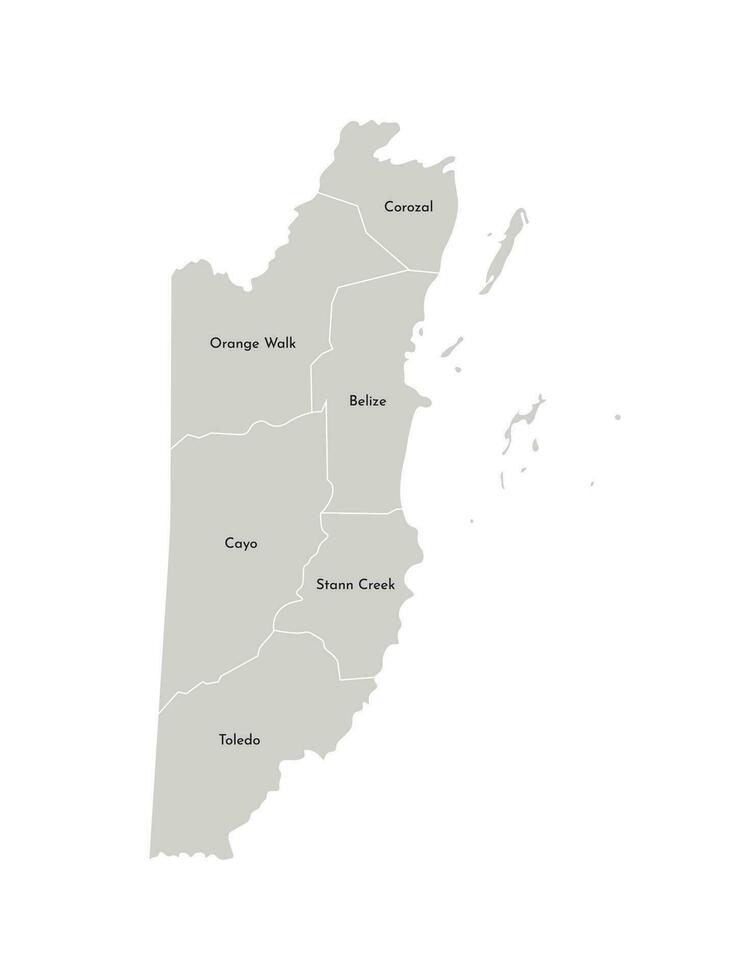 Vector isolated illustration of simplified administrative map of Belize. Borders and names of the districts, regions. Grey silhouettes. White outline