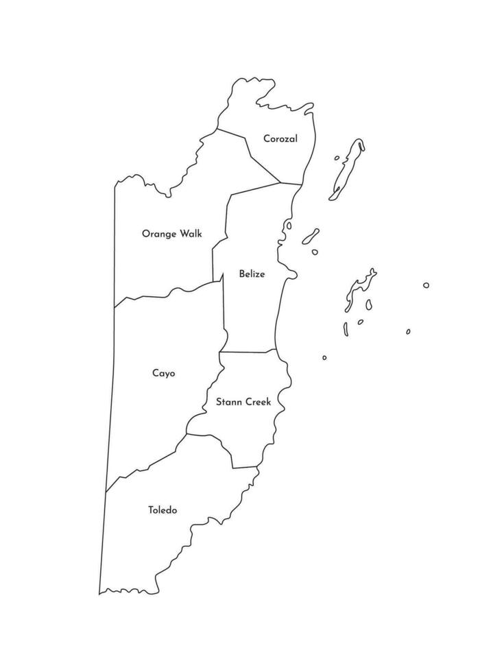Vector isolated illustration of simplified administrative map of Belize. Borders and names of the districts, regions. Black line silhouettes.