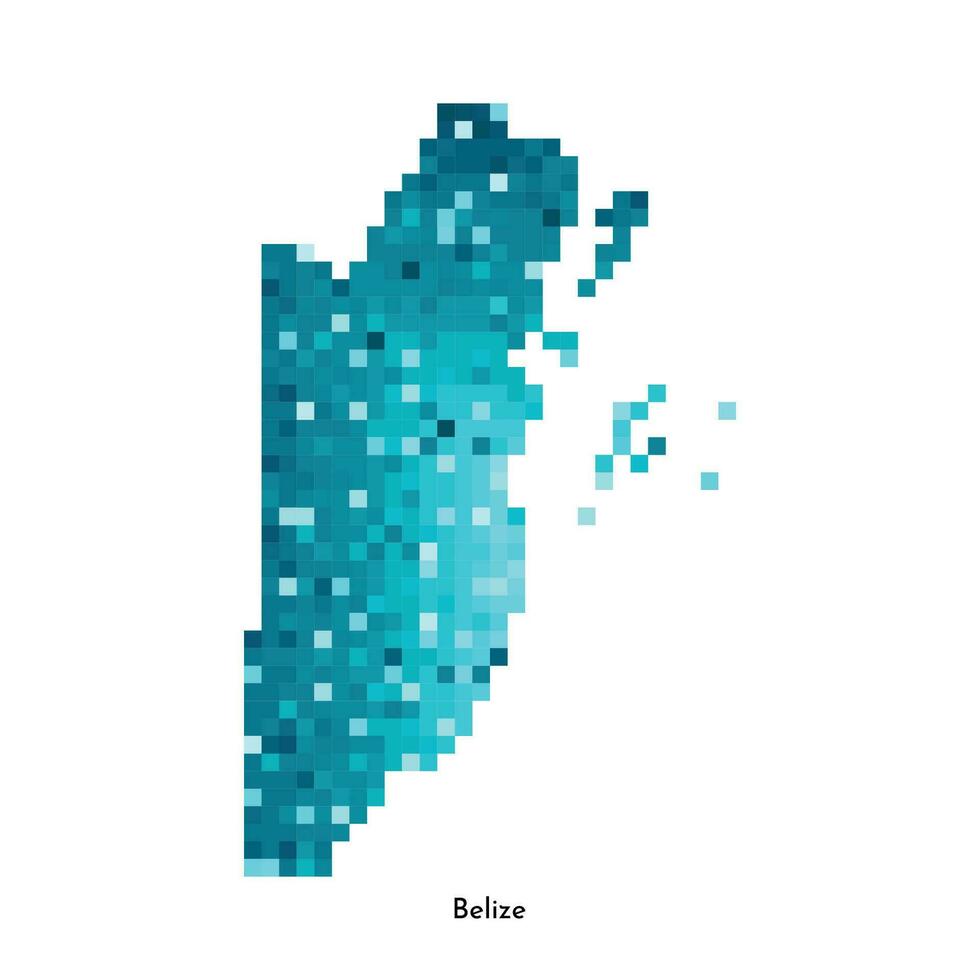 Vector isolated geometric illustration with simplified icy blue silhouette of Belize map. Pixel art style for NFT template. Dotted logo with gradient texture for design on white background