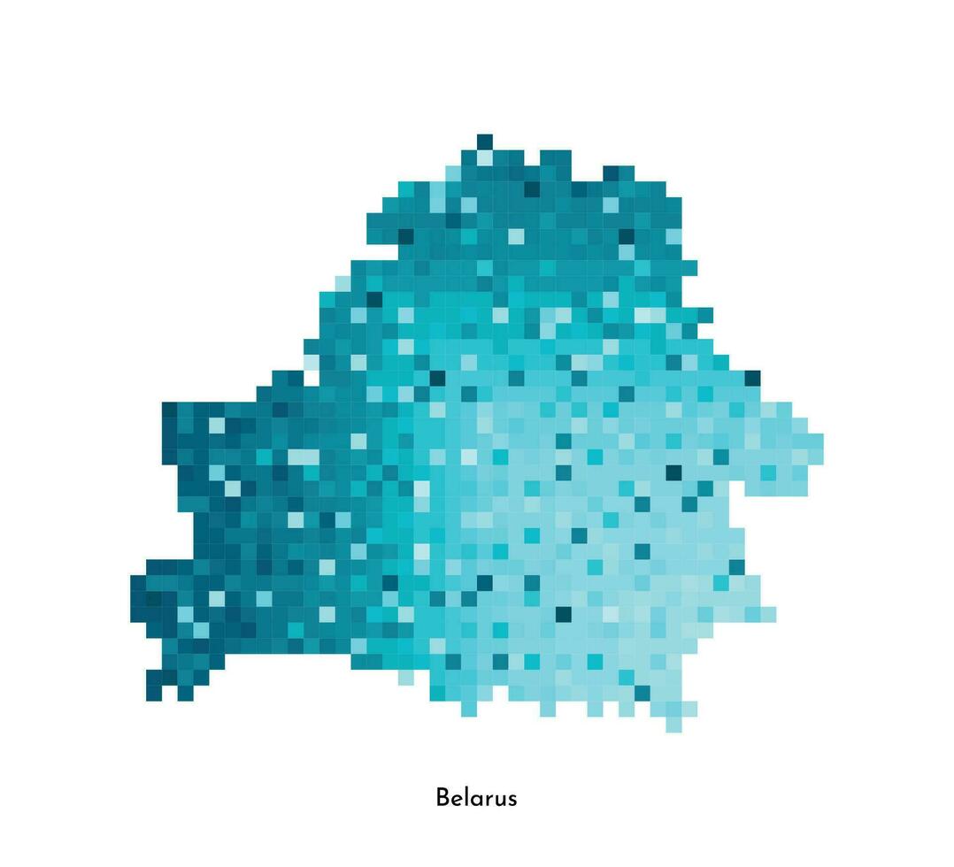 Vector isolated geometric illustration with simplified icy blue silhouette of Belarus map. Pixel art style for NFT template. Dotted logo with gradient texture for design on white background