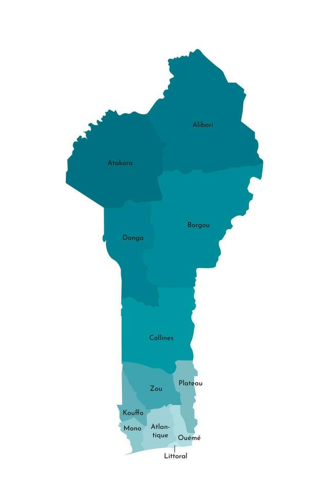 Vector isolated illustration of simplified administrative map of Benin. Borders and names of the departments, regions. Colorful blue khaki silhouettes