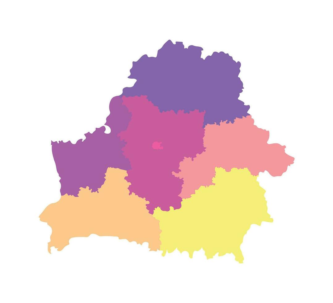 Vector isolated illustration of simplified administrative map of Belarus. Borders of the regions. Multi colored silhouettes.